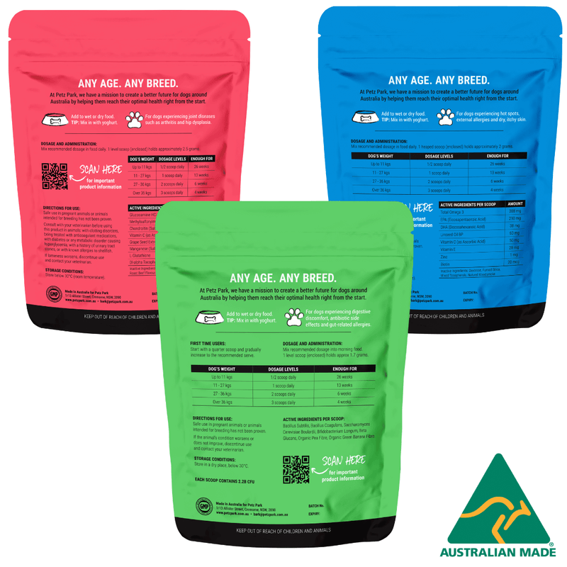 joint support for dogs. skin help for dogs, gut health supplement for dogs
