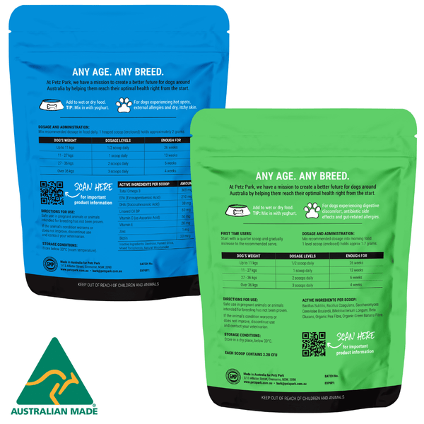 ingredients for allergy duo in dogs, probiotic and skin and coat, allergies in dogs, itchy dog, dog hotspots