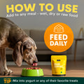 Dog eating from a bowl with a package of 'Brain Support' food, text on how to use the product.