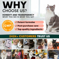 Promotional graphic for a pet product brand with a cat and text about product features and customer trust.