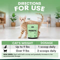 Cat standing next to a probiotic supplement package with usage instructions on a green background