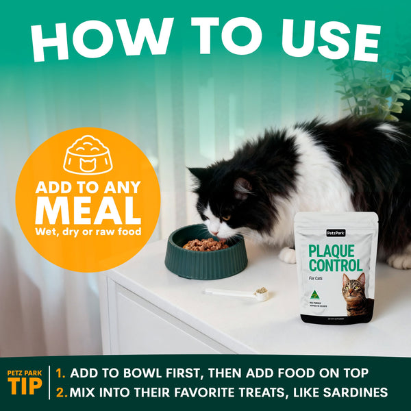 Cat eating from a bowl with Plaque Control for cats packaging and text on how to use it.