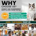 Promotional graphic for a pet product brand with a cat and text about trust and quality.