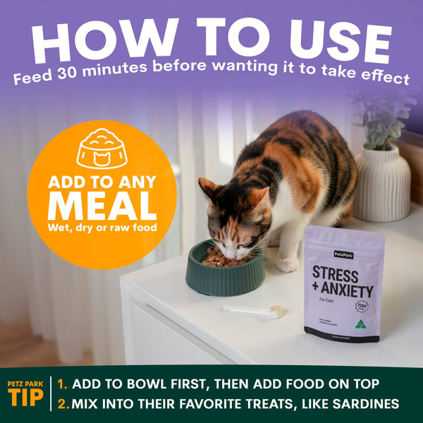 Cat eating from a bowl with a supplement package labeled 'Stress + Anxiety' on a table.