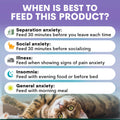 Chart detailing when to feed a product for various types of anxiety with a cat image.