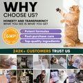 Promotional graphic for a pet product brand with a cat and text about honesty, transparency, and customer trust.