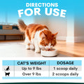 Cat eating from a bowl with dosing chart for pet food on a blue background