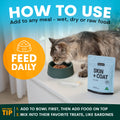 Cat eating from a bowl with Petz Park Skin + Coat supplement and instructions on how to use it.