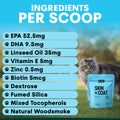 Cat supplement packaging with ingredient list and cat in the background