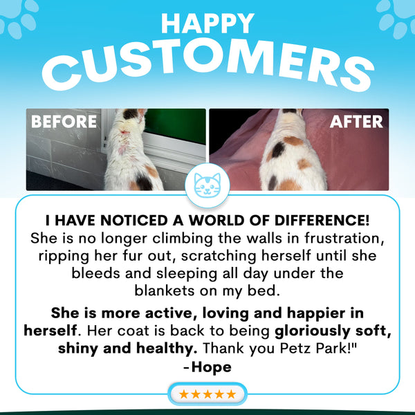 Before and after comparison of a cat with text praising Petz Park's product.