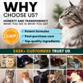 Promotional graphic for a pet product brand with images of cats and text about honesty, transparency, and customer trust.