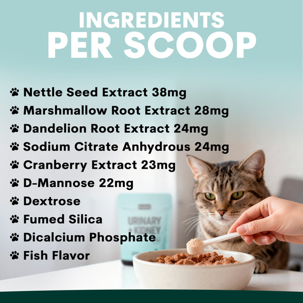 Cat food with a list of ingredients per scoop and a cat looking at the camera.