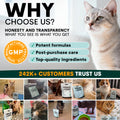 Promotional graphic for a pet product brand with a cat and text about product quality and customer trust.