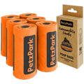 Orange rolls of Petz Park poop bags for cats with a cardboard box packaging on a white background