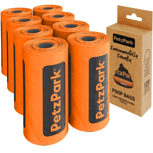 Multiple rolls of Petz Park cat poop bags with a cardboard box packaging on a white background