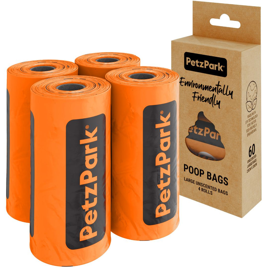Four rolls of Petz Park dog poop bags with a cardboard box packaging on a white background