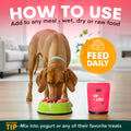 Dog eating from a bowl with a pink 'HIP + JOINT' supplement package, text on how to use the supplement.