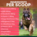 Dog running outdoors with a list of supplement ingredients per scoop on a pink background