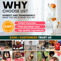 Promotional graphic for a pet product brand highlighting honesty, transparency, potent formulas, post-purchase care, top-quality ingredients, and customer trust.