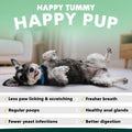 Dog lying on a couch with 'Happy Tummy Happy Pup' text and benefits listed.
