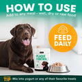 Dog with Plaque Control for dogs packaging and bowl of food on a white surface