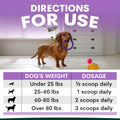Dog with a purple toy and dosage chart for a pet supplement on a light background