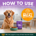 Dog sitting next to a bowl of food and a package of pet supplement with text on how to use it.