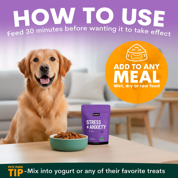 Dog sitting next to a bowl of food and a package of pet supplement with text on how to use it.