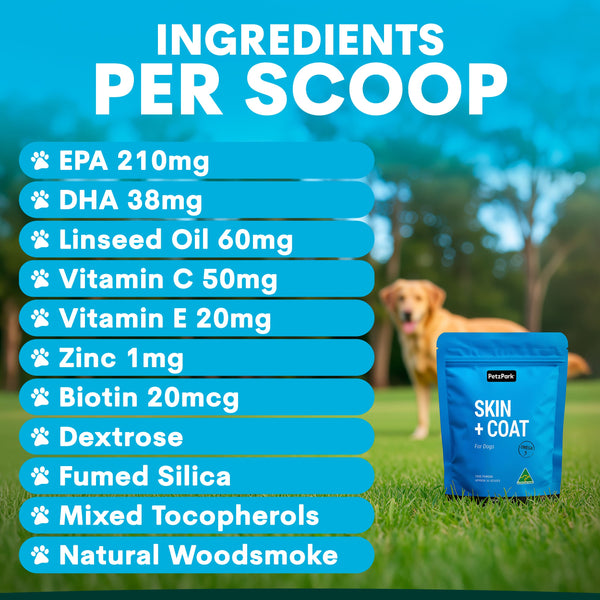 Dog supplement package with ingredients listed on a blue background, featuring a dog in the background.